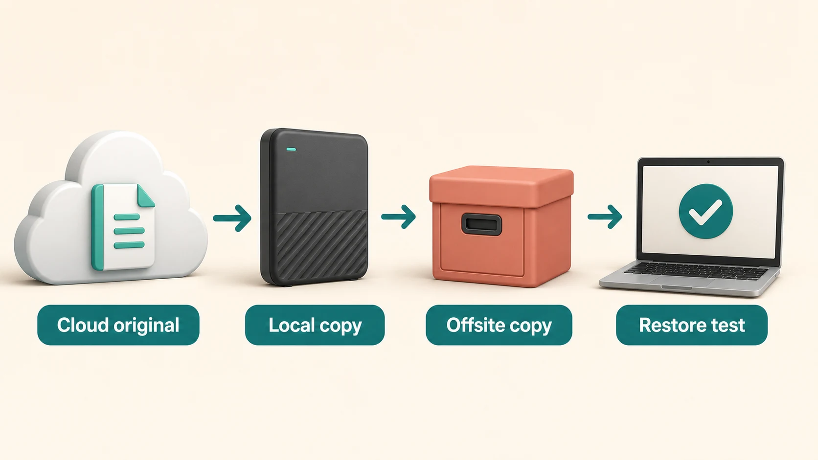 3-2-1 Evernote backup flow from cloud original to local copy, offsite copy, and restore test