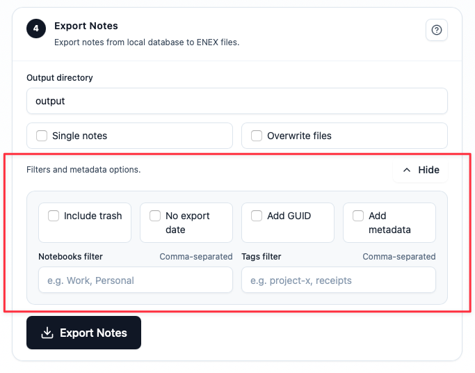 Advanced export filters for notebooks, tags, and metadata